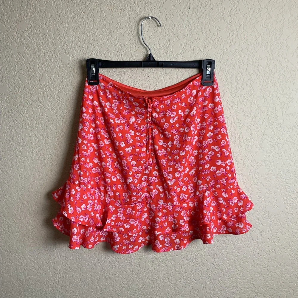 Blue Rain Womens‎ XS Orange Floral Mini Skirt Boho Zip Back Ruffles